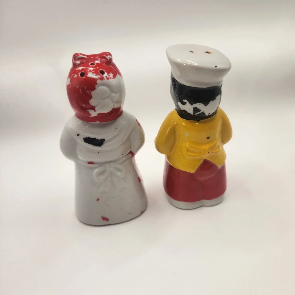 Vintage Black Americana Ceramic Salt and Pepper Shakers Chef and Mammy Set 4in